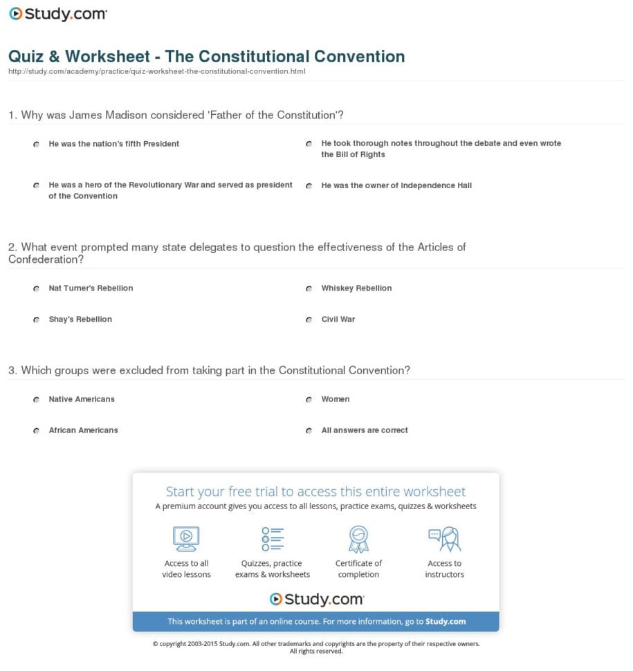 Quiz  Worksheet  The Constitutional Convention  Study