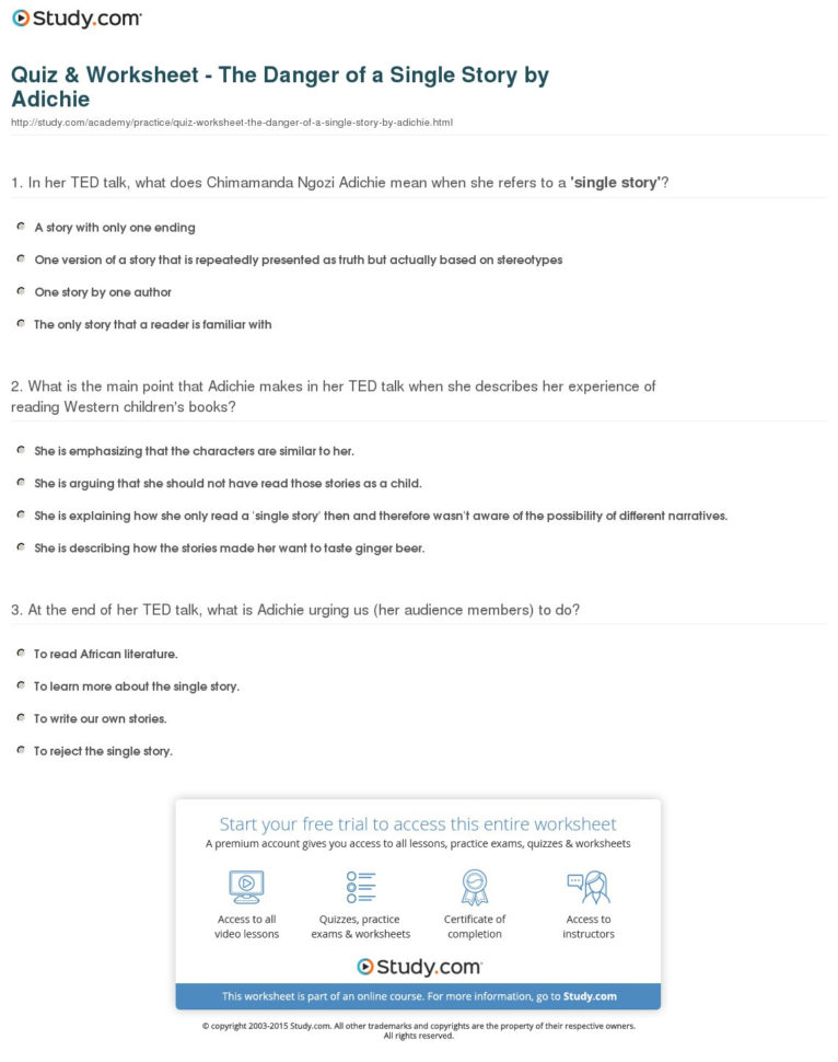 Quiz  Worksheet  The Danger Of A Single Storyadichie