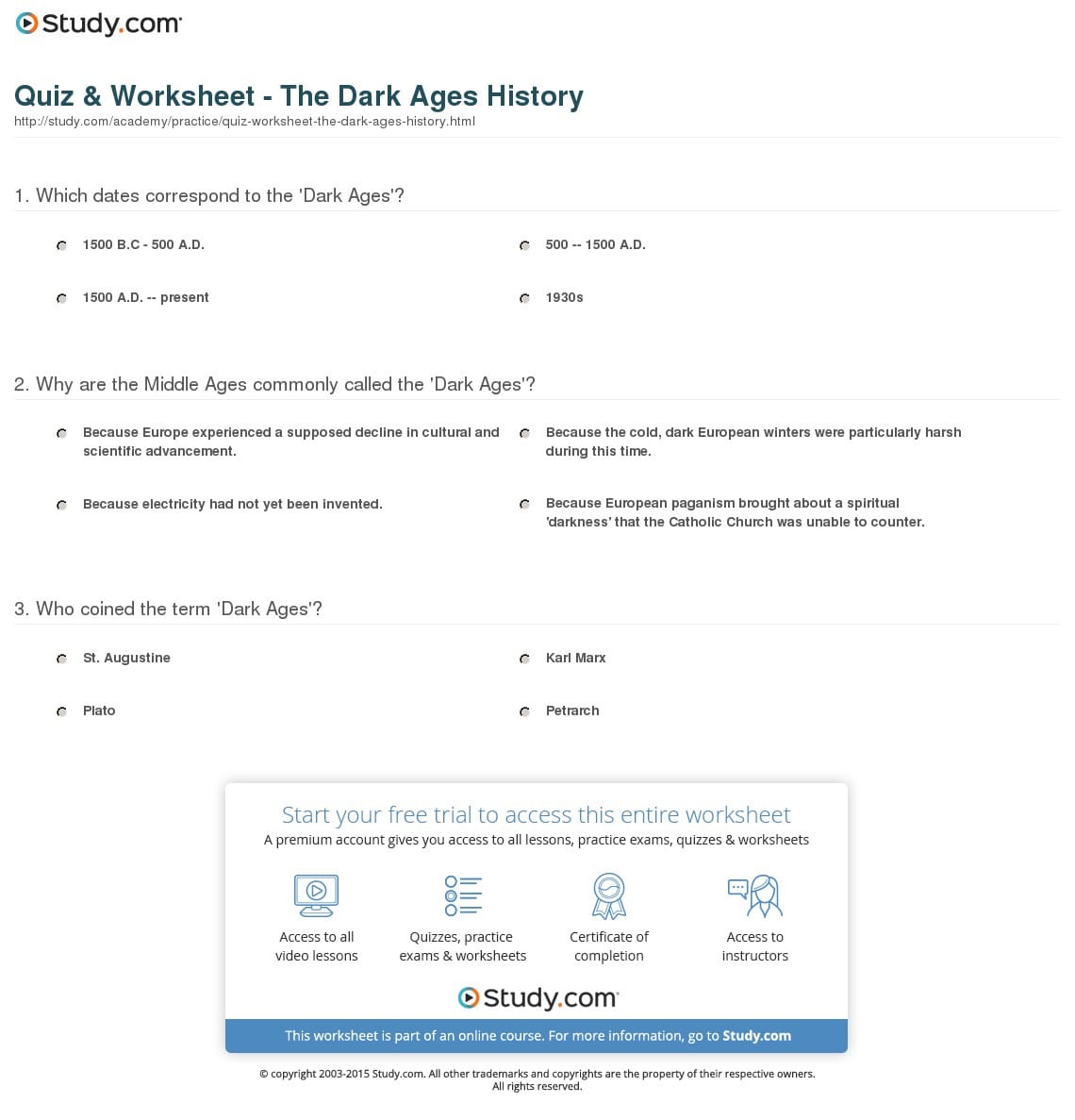 Quiz  Worksheet  The Dark Ages History  Study