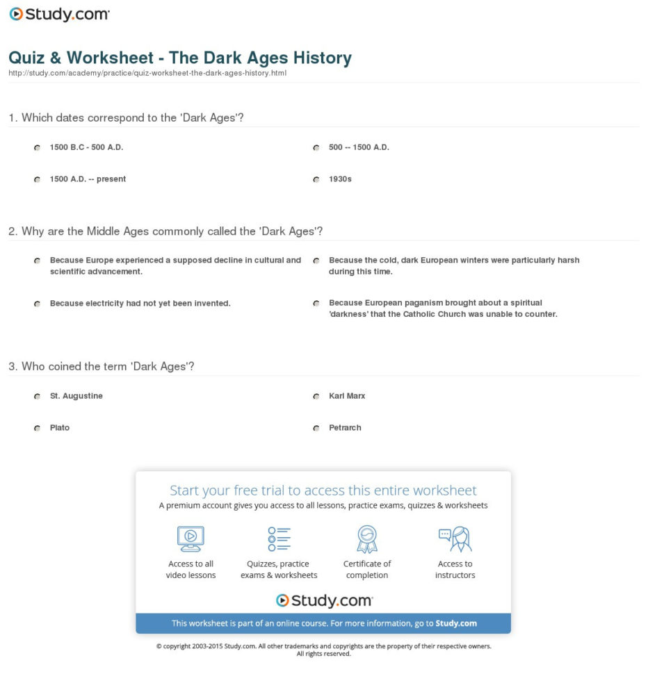 Quiz  Worksheet  The Dark Ages History  Study Quiz  Worksheet  The Dark Ages History  Study