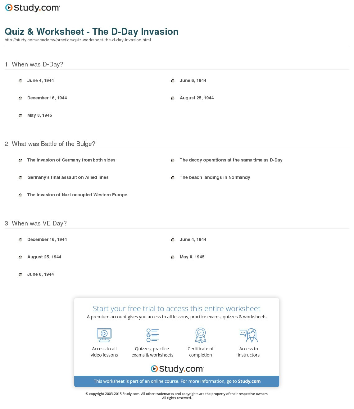 Quiz  Worksheet  The Dday Invasion  Study