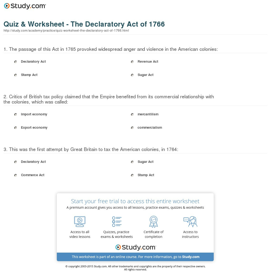 Quiz Worksheet The Declaratory Act Of 1766 Study Db excel