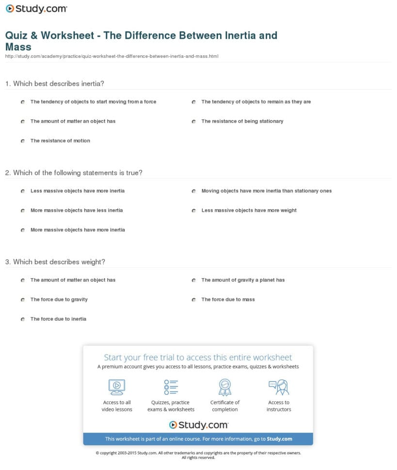 Quiz  Worksheet  The Difference Between Inertia And Mass