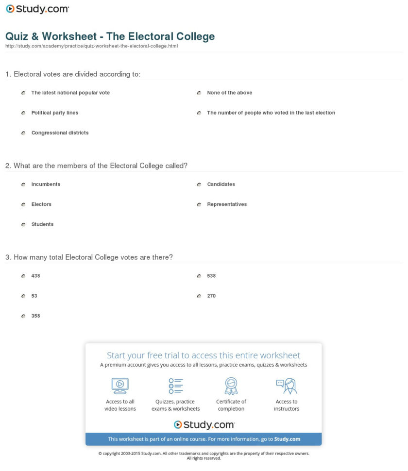 Quiz  Worksheet  The Electoral College  Study