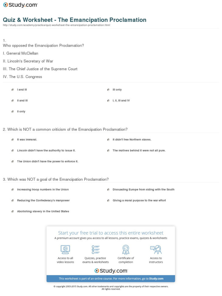 Quiz  Worksheet  The Emancipation Proclamation  Study