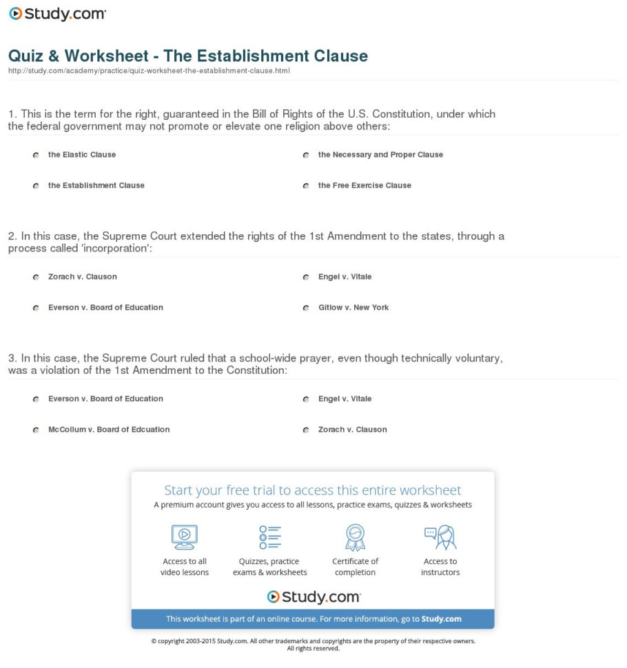 Quiz  Worksheet  The Establishment Clause  Study