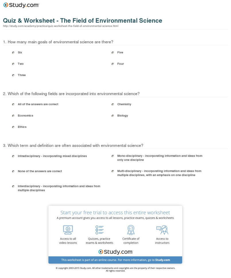 Quiz  Worksheet  The Field Of Environmental Science