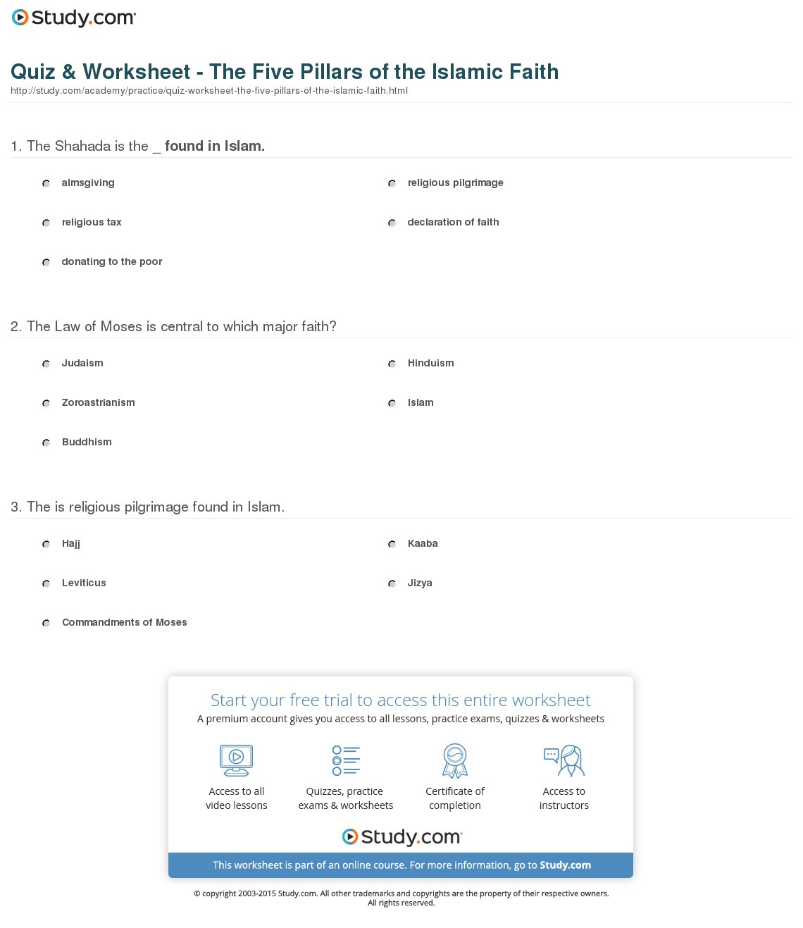 Quiz  Worksheet  The Five Pillars Of The Islamic Faith