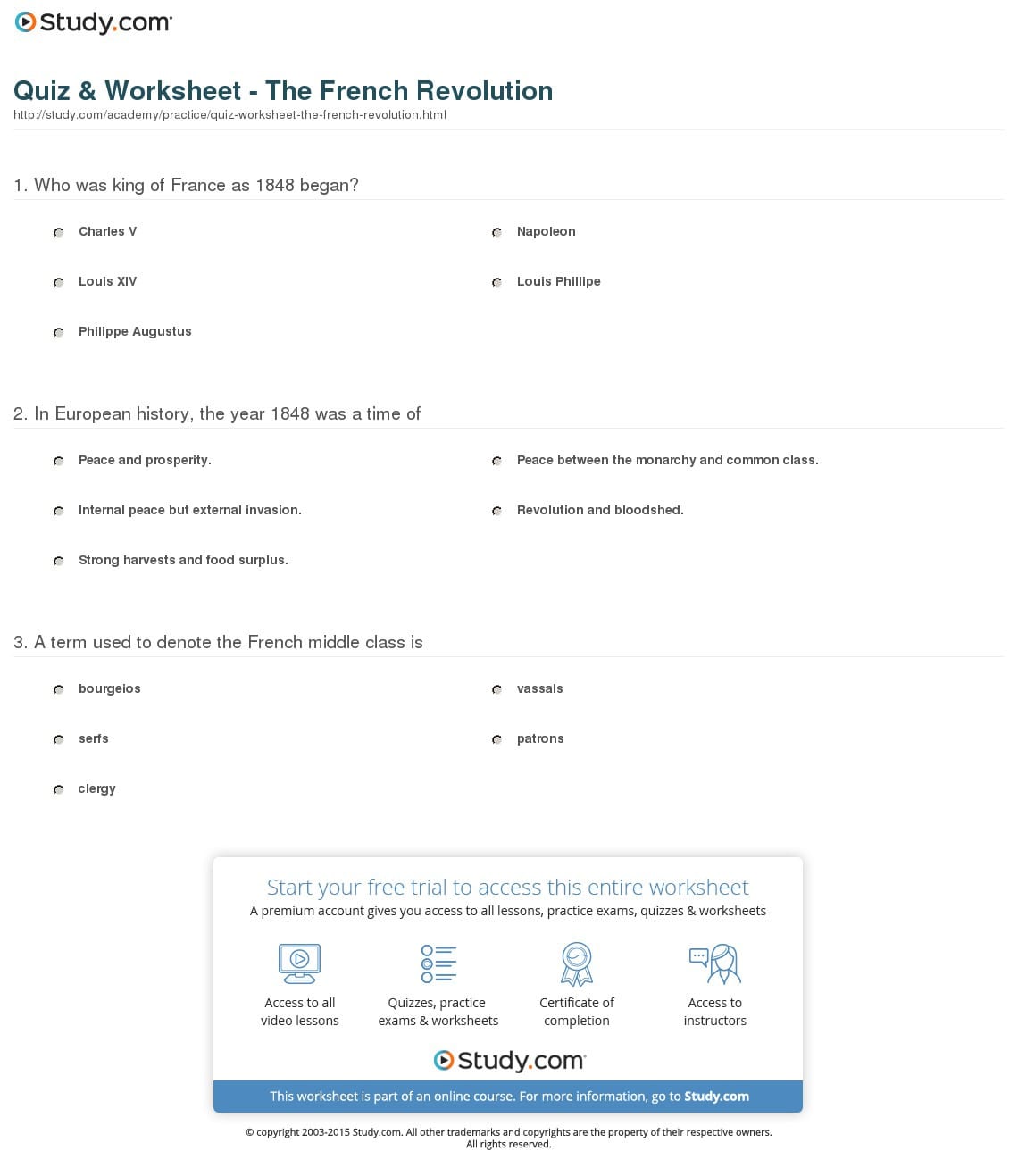 Quiz Worksheet The French Revolution Study Db excel