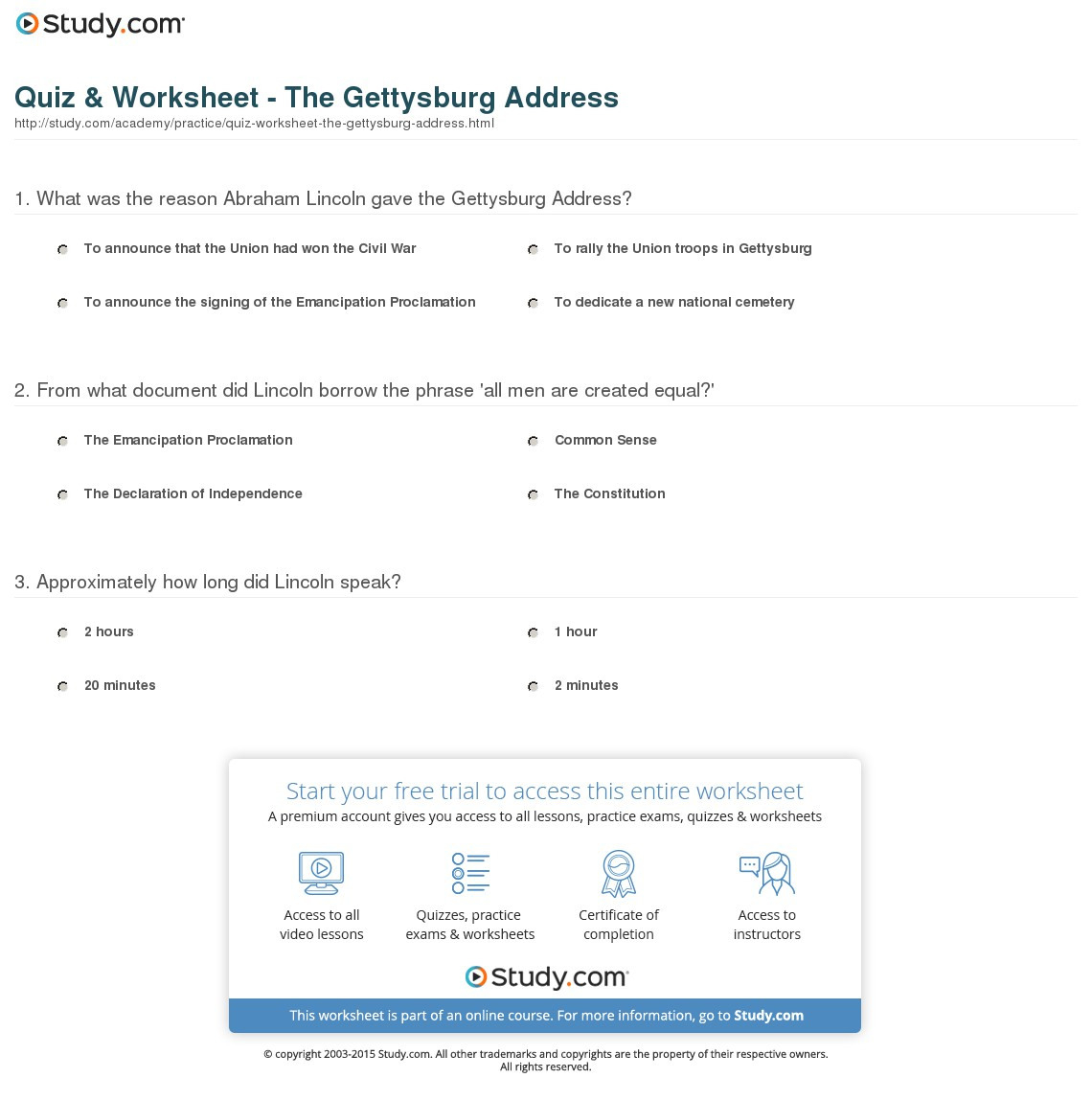 Quiz  Worksheet  The Gettysburg Address  Study