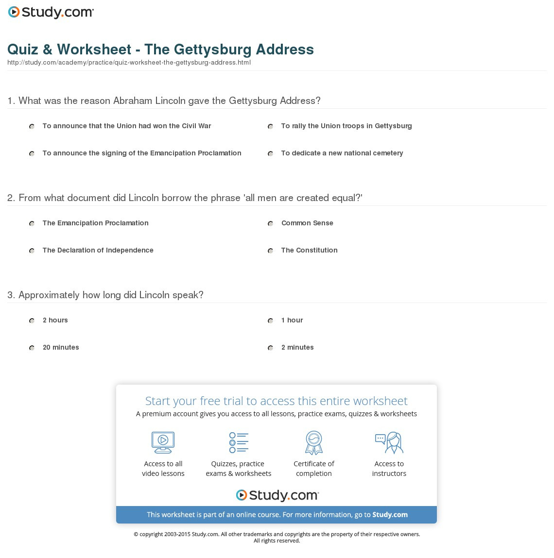 Gettysburg Address Worksheet