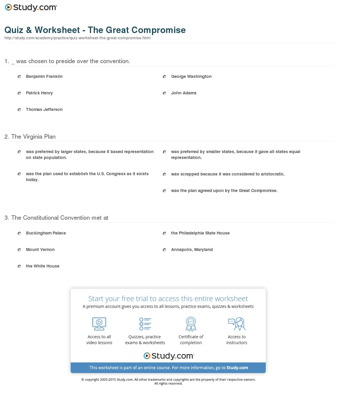 Quiz  Worksheet  The Great Compromise  Study