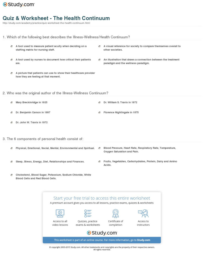Quiz  Worksheet  The Health Continuum  Study