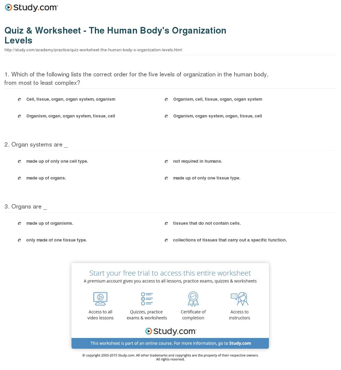 Quiz  Worksheet  The Human Body's Organization Levels