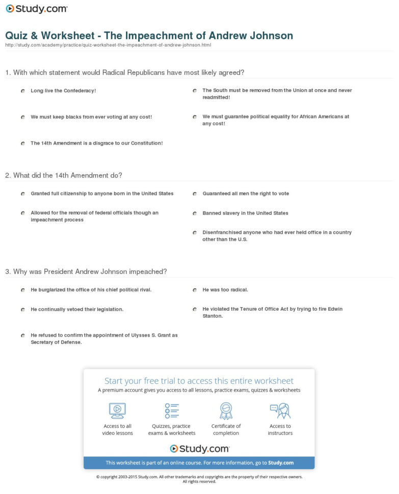 Quiz  Worksheet  The Impeachment Of Andrew Johnson  Study