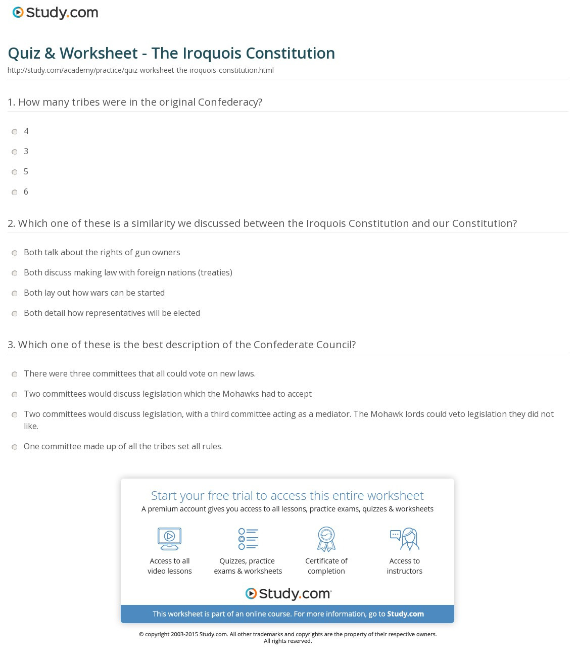 Quiz  Worksheet  The Iroquois Constitution  Study