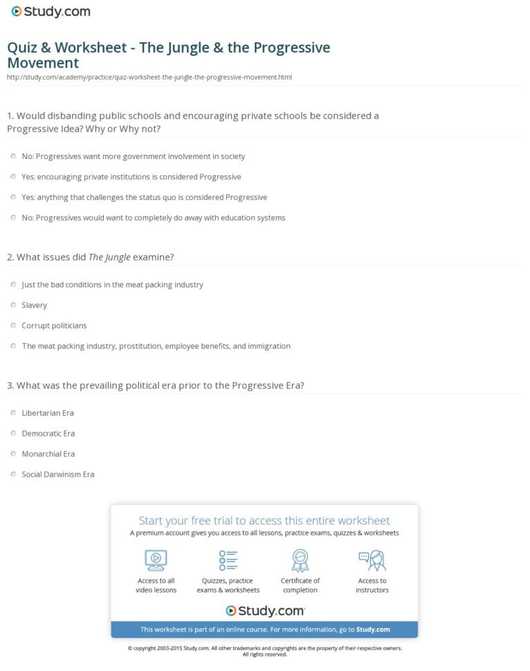 Quiz  Worksheet  The Jungle  The Progressive Movement
