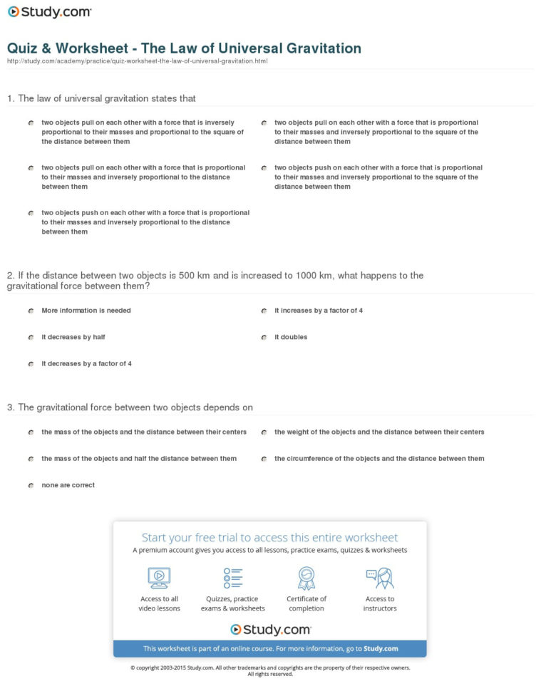 Quiz  Worksheet  The Law Of Universal Gravitation  Study