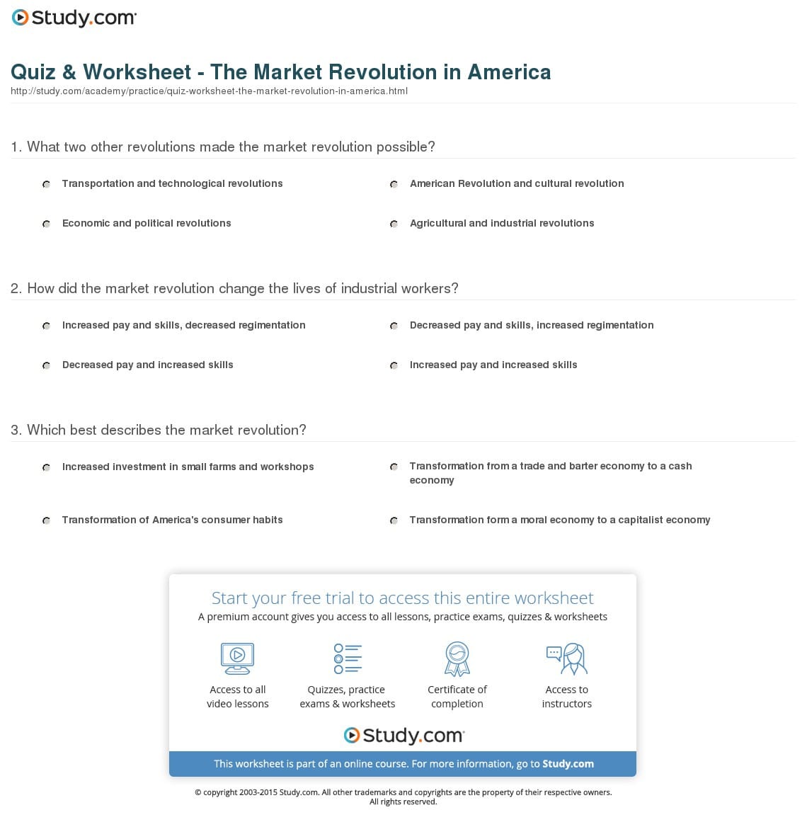 Quiz  Worksheet  The Market Revolution In America  Study