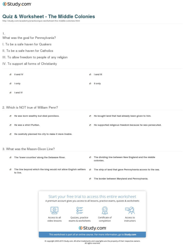Quiz  Worksheet  The Middle Colonies  Study