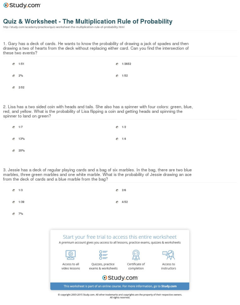 Quiz  Worksheet  The Multiplication Rule Of Probability