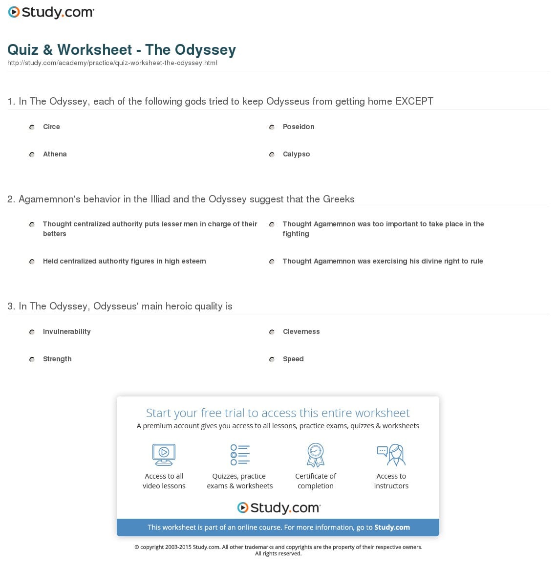 Quiz  Worksheet  The Odyssey  Study