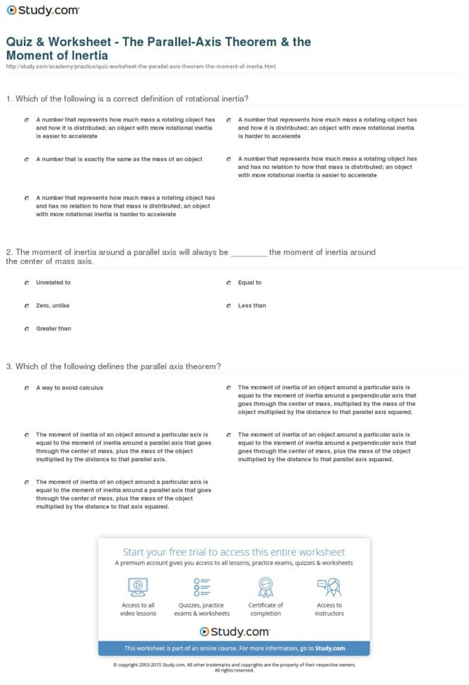 Quiz  Worksheet  The Parallelaxis Theorem  The Moment Of