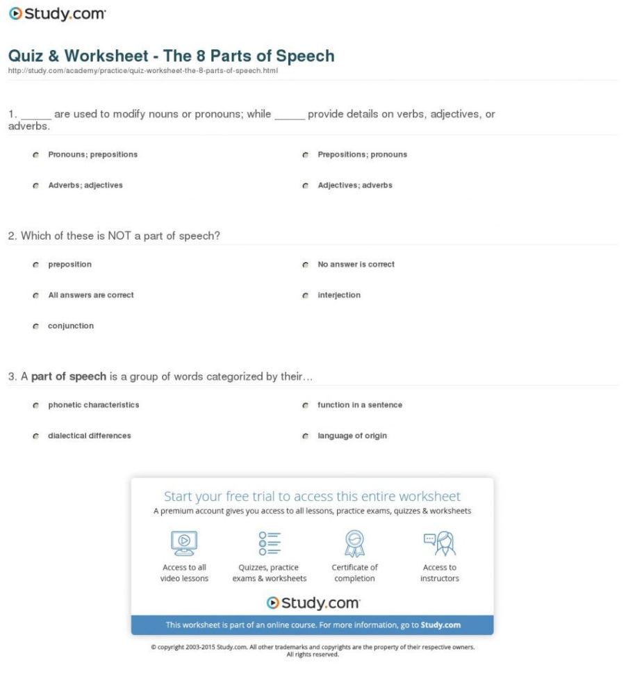 Quiz Worksheet The Parts Part Of Speech Worksheet On Mole