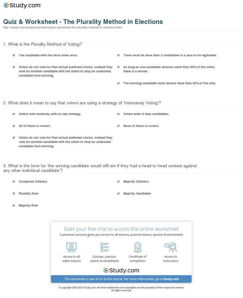 Quiz  Worksheet  The Plurality Method In Elections  Study
