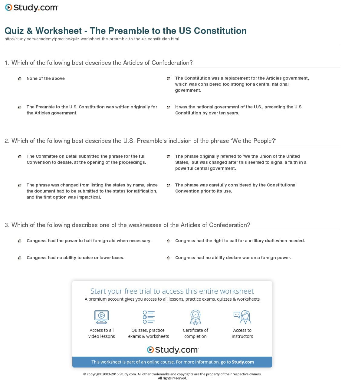 Outline Of The Constitution Worksheet