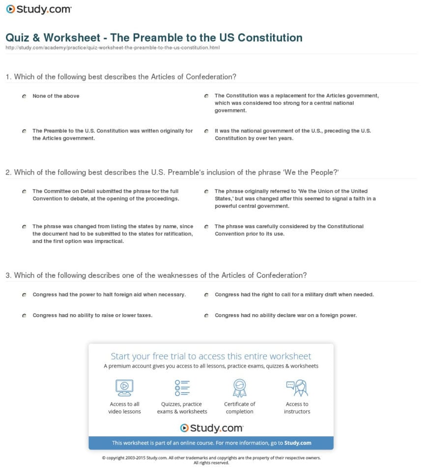 Quiz  Worksheet  The Preamble To The Us Constitution