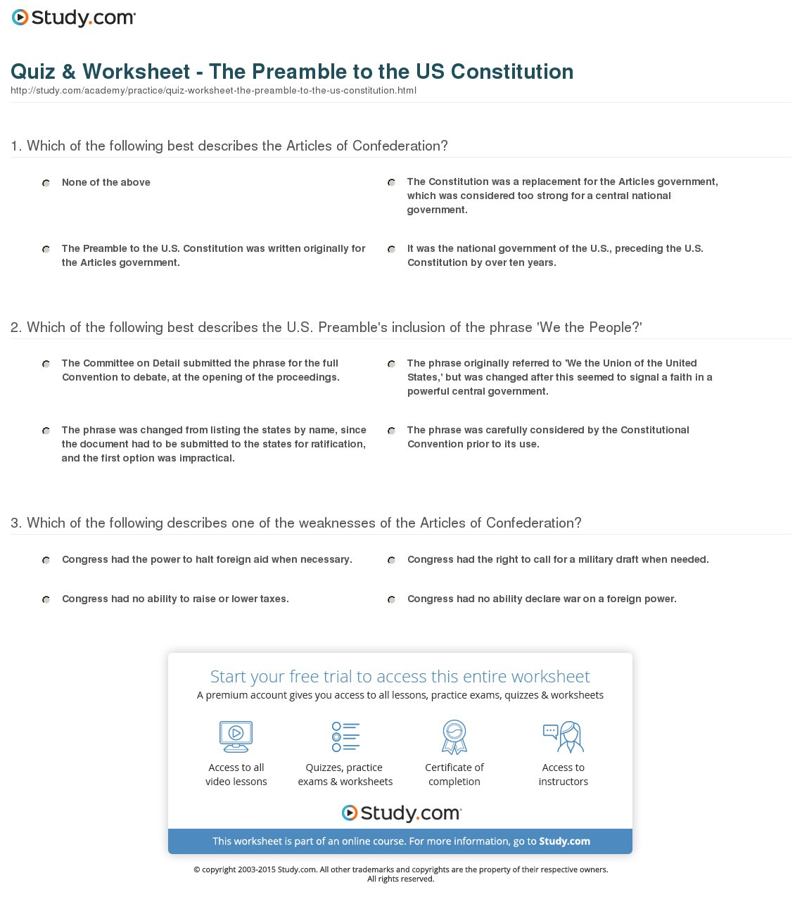 Quiz  Worksheet  The Preamble To The Us Constitution  Study