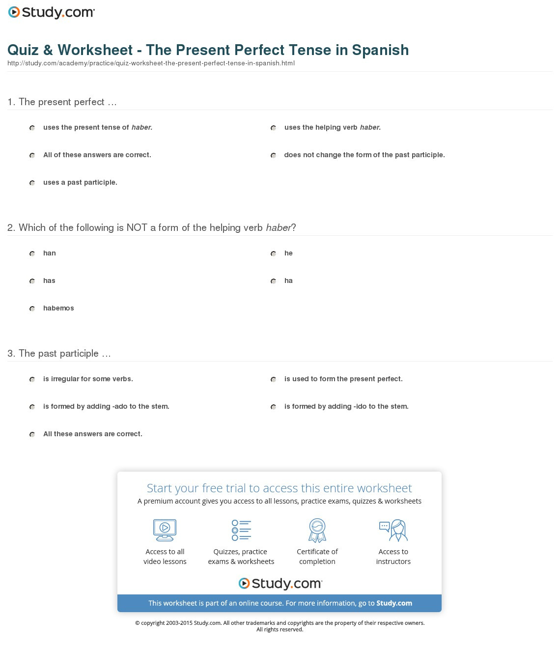 Quiz  Worksheet  The Present Perfect Tense In Spanish  Study