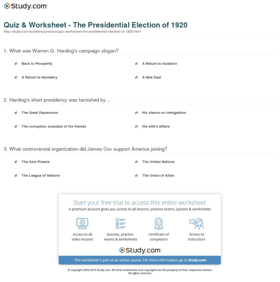 Quiz  Worksheet  The Presidential Election Of 1920  Study