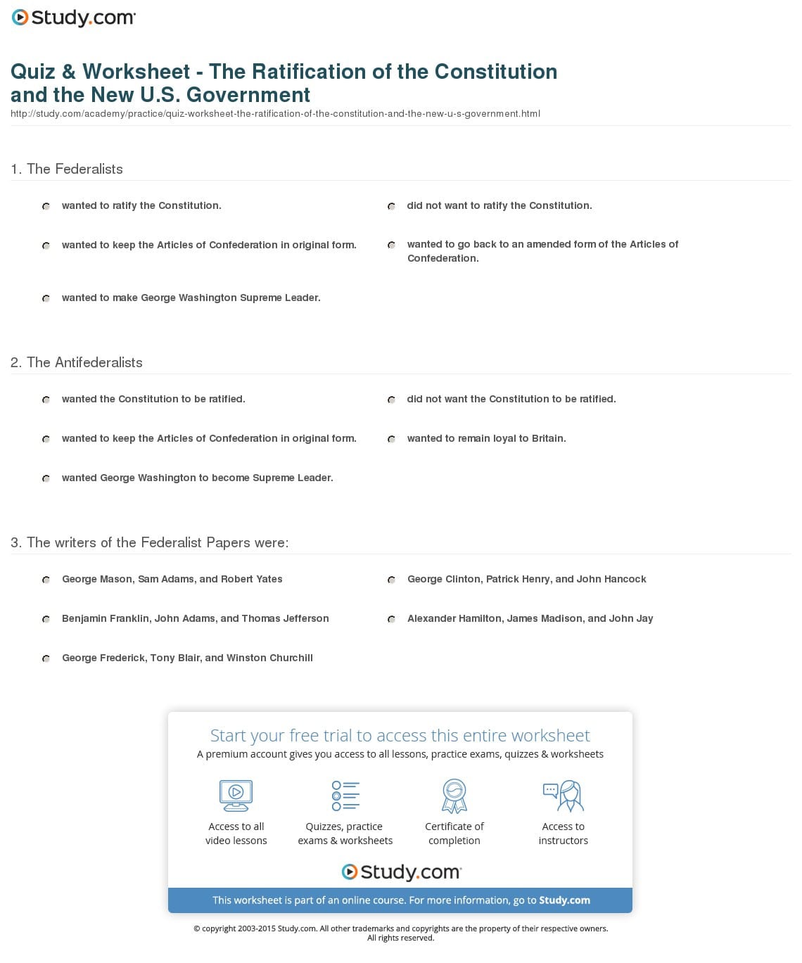 Quiz  Worksheet  The Ratification Of The Constitution And