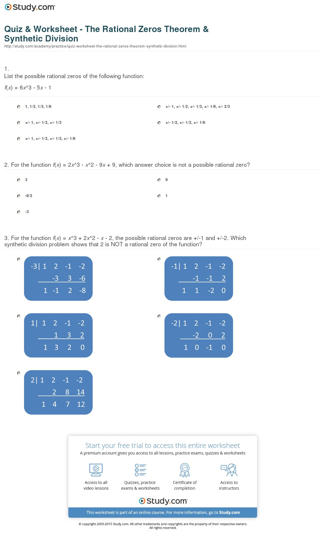 Quiz Worksheet The Rational Zeros Theorem Synthetic — db-excel.com