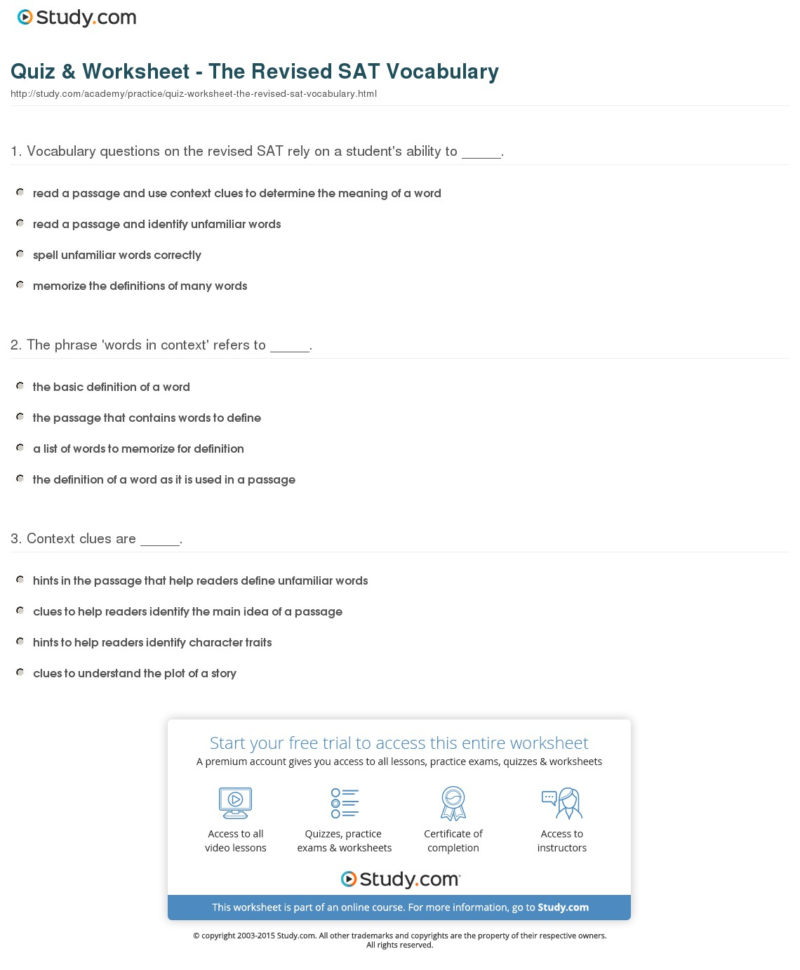 Quiz  Worksheet  The Revised Sat Vocabulary  Study