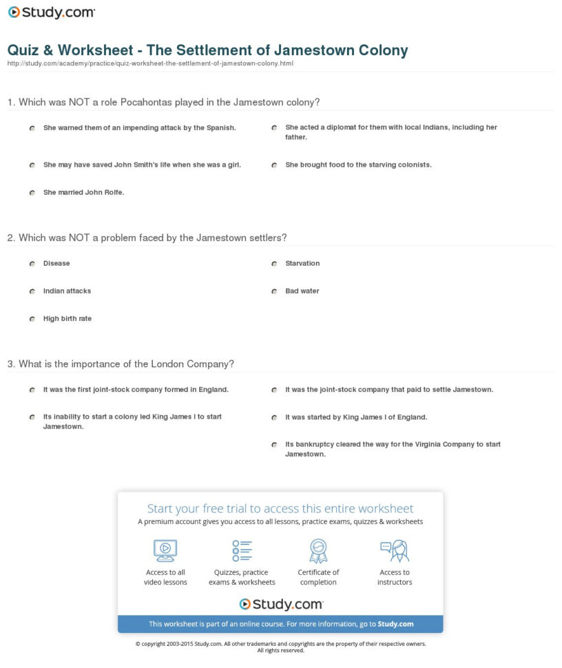 Quiz  Worksheet  The Settlement Of Jamestown Colony
