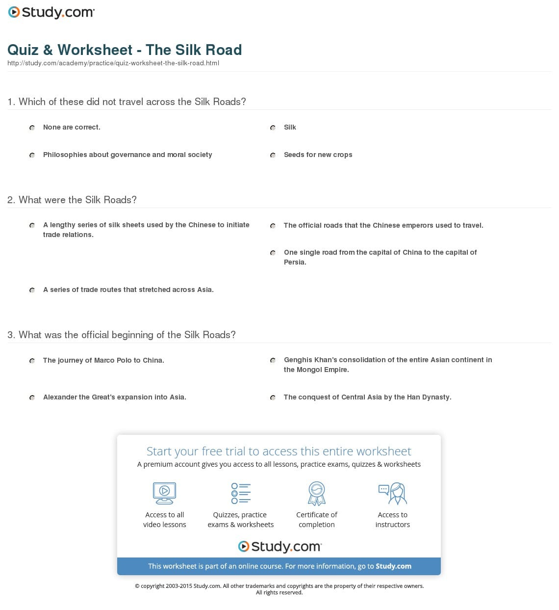 Quiz  Worksheet  The Silk Road  Study