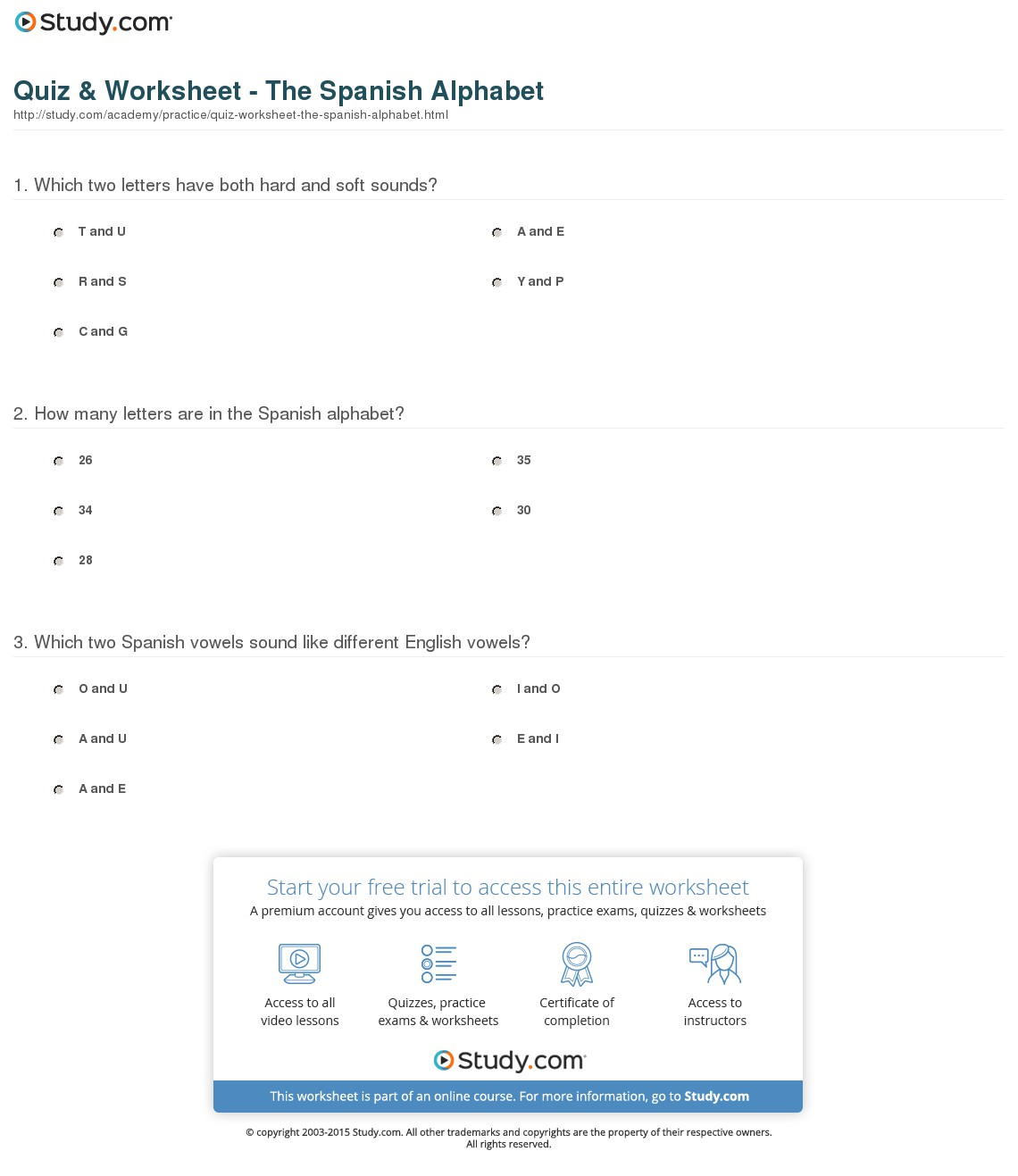 Quiz  Worksheet  The Spanish Alphabet  Study