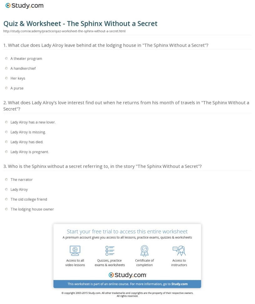 Quiz  Worksheet  The Sphinx Without A Secret  Study Quiz  Worksheet  The Sphinx Without A Secret  Study