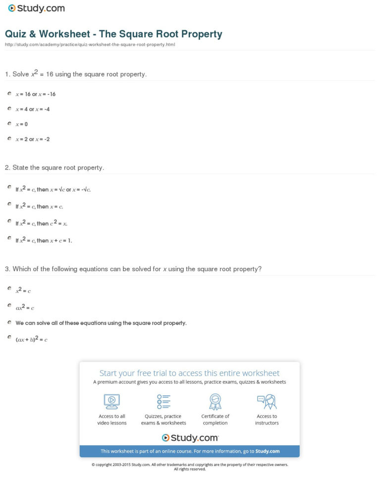 Quiz  Worksheet  The Square Root Property  Study