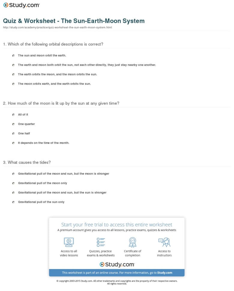 Quiz  Worksheet  The Sunearthmoon System  Study