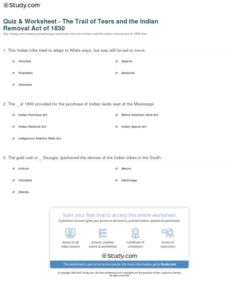 Quiz  Worksheet  The Trail Of Tears And The Indian Removal
