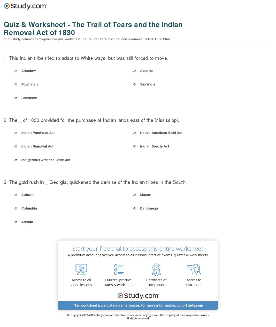 Quiz  Worksheet  The Trail Of Tears And The Indian Removal