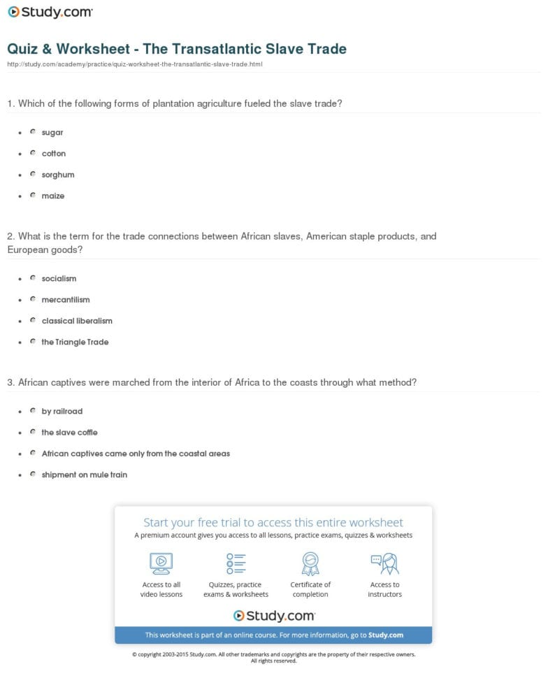 Quiz  Worksheet  The Transatlantic Slave Trade  Study
