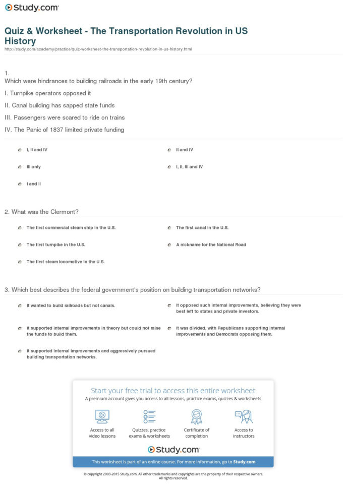 Quiz  Worksheet  The Transportation Revolution In Us