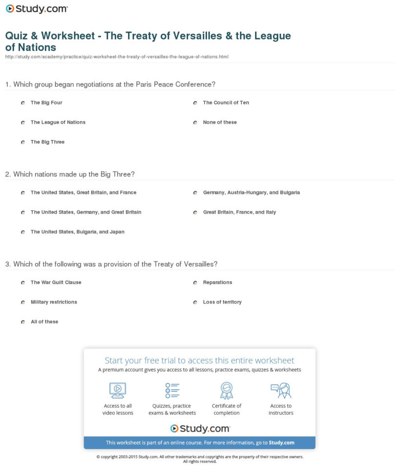 Quiz  Worksheet  The Treaty Of Versailles  The League Of