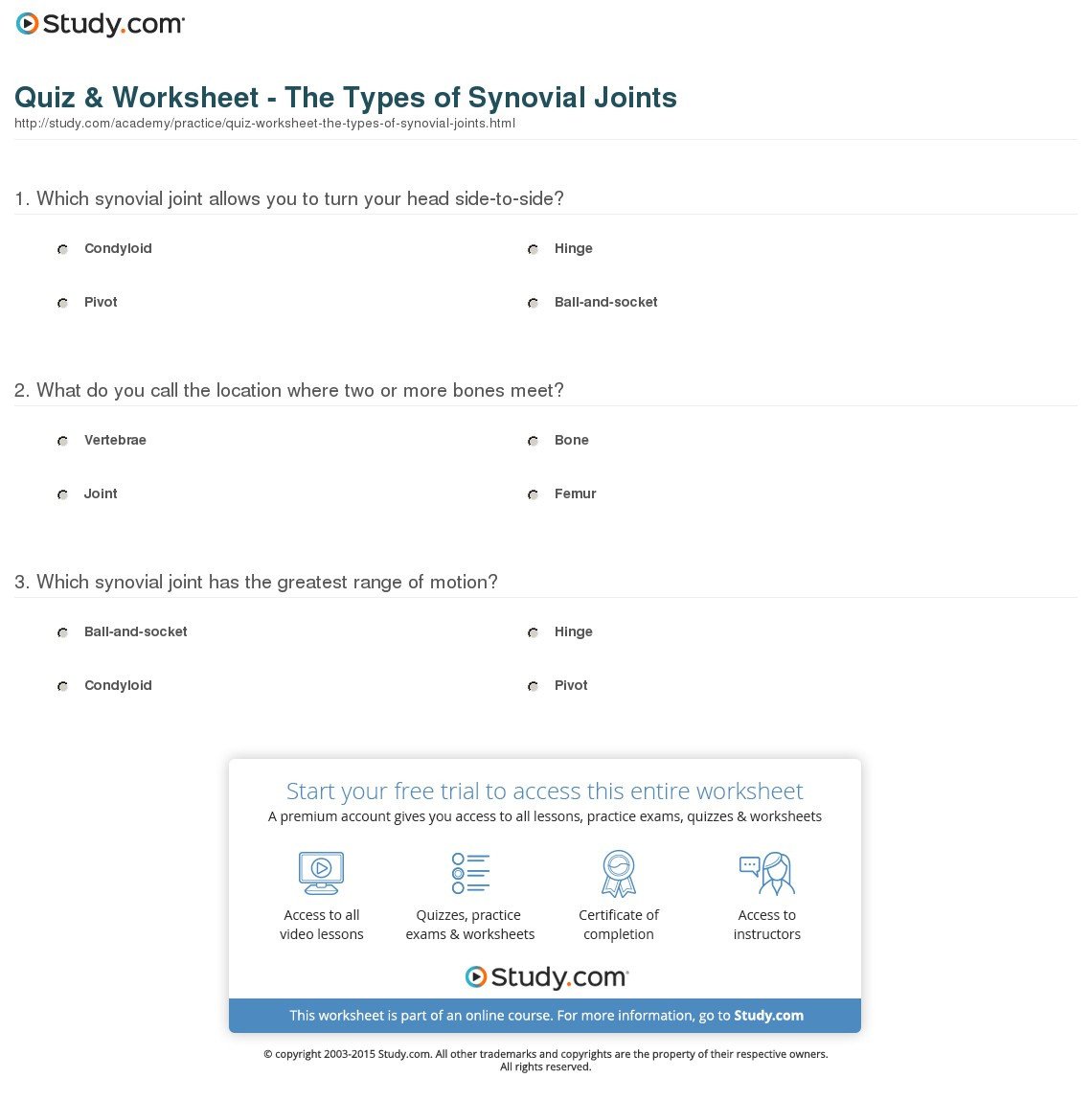 Quiz  Worksheet  The Types Of Synovial Joints  Study