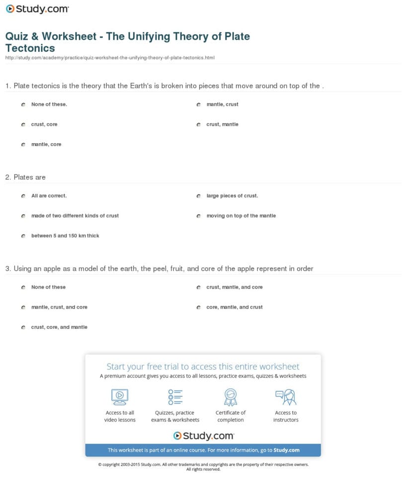 Quiz  Worksheet  The Unifying Theory Of Plate Tectonics